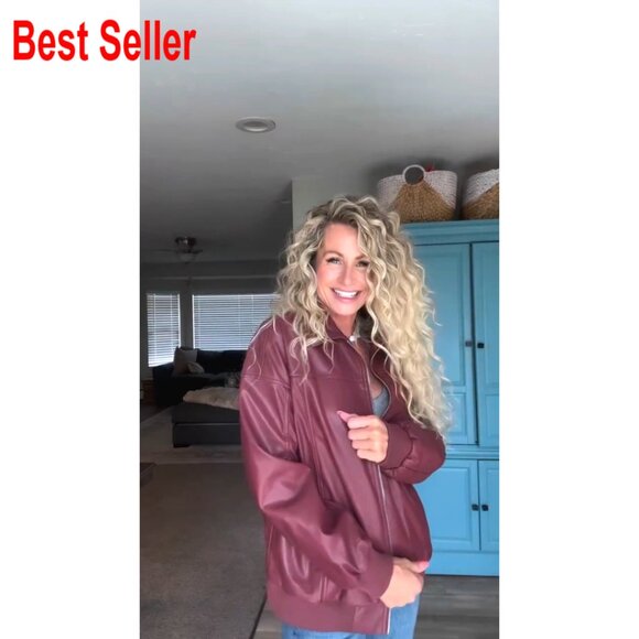 Oversized Faux Leather Bomber Jacket Zip Up Moto Biker Coat - Picture 6 of 7